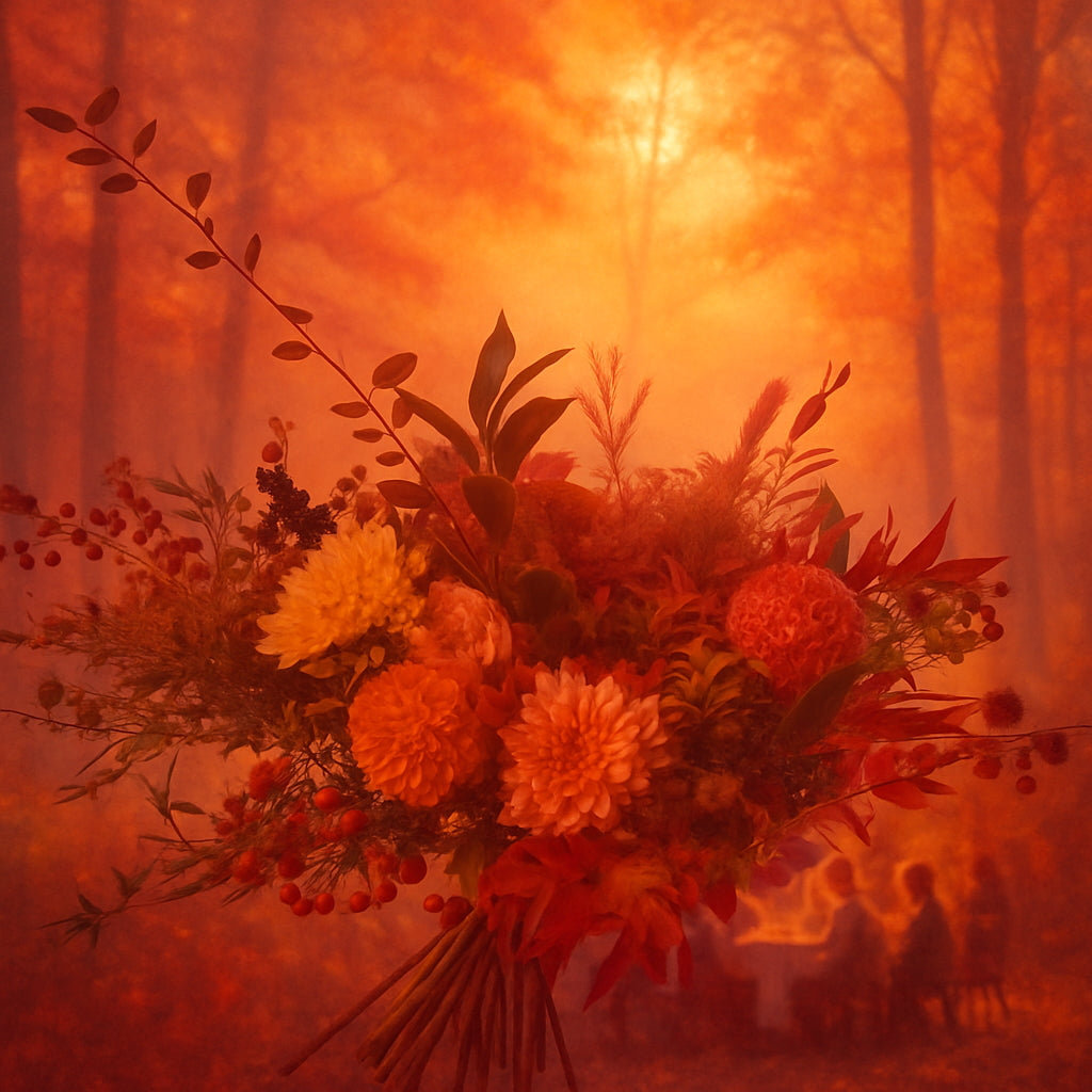 Fall colors of light in the background of a forest with a autumnal flower arrangement semi transparently placed in the foreground