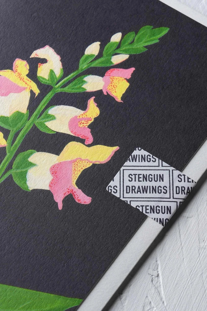 Snapdragon card by Stengun Drawings detail of the delicate flowers in the upper right corner.