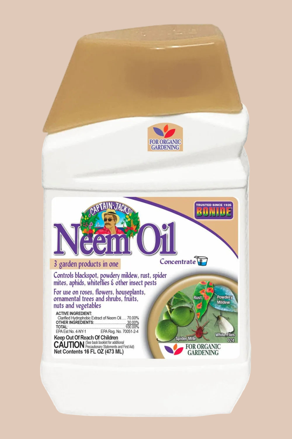 Neem Oil Captain Jacks container with a white and gold label on a white background ©Bonide