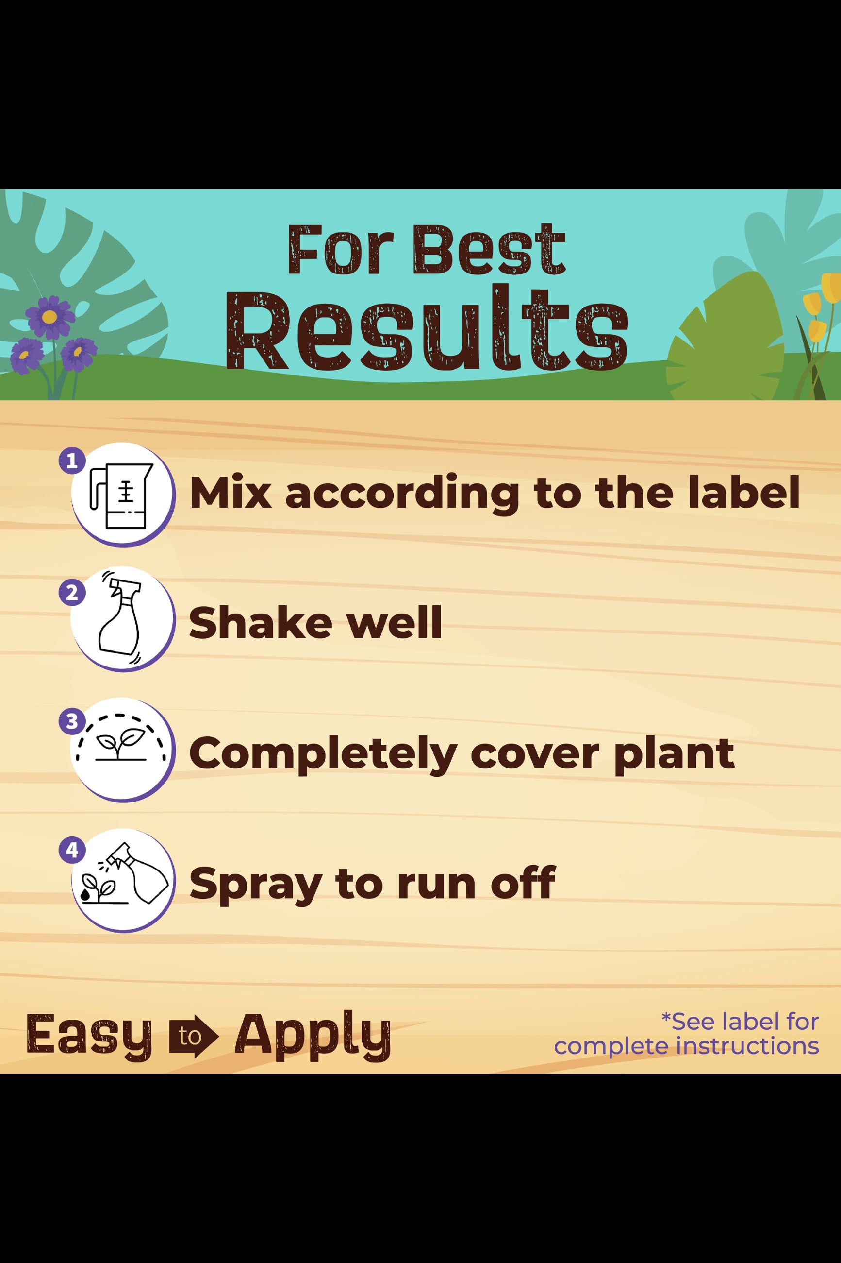 Instructions for using a plant treatment product with illustrations and text on a wooden background. ©Bonide