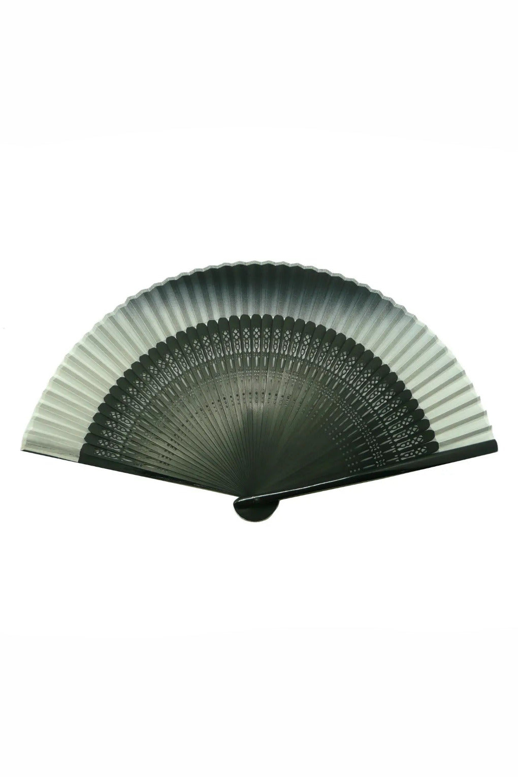 Silk Folding Fan White Silk w/ Black Bamboo with a black and dark gray gradient design, shown partially open against a plain white background. ©World Treasure Trading
