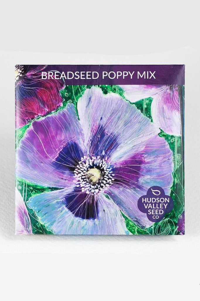 Hudson Valley Seed Co. Breadseed Poppy Mix packaging with a colorful flower design. ©Hudson Valley Seed