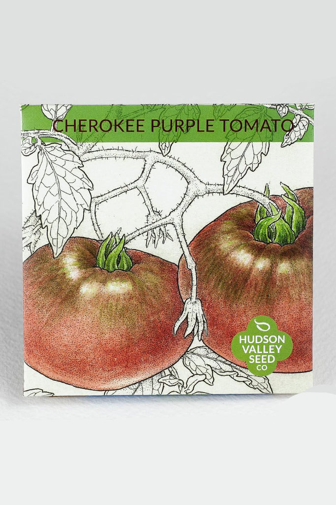 Seeds packet for Cherokee Purple Tomato with illustration and Hudson Valley Seed Co. branding. ©Hudson Valley Seed Co.