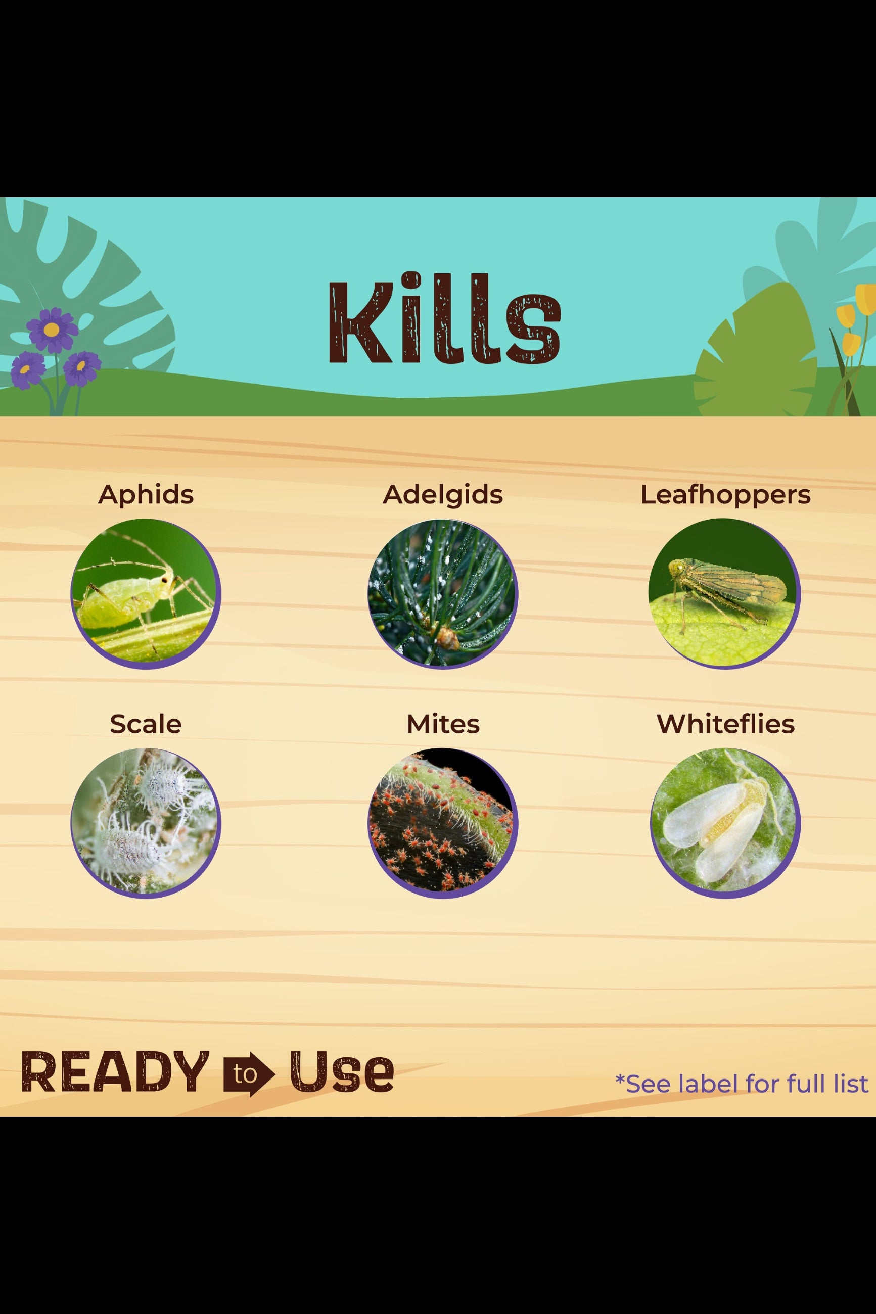 Product label showing pests it kills with images and text on a wooden background ©Bonide