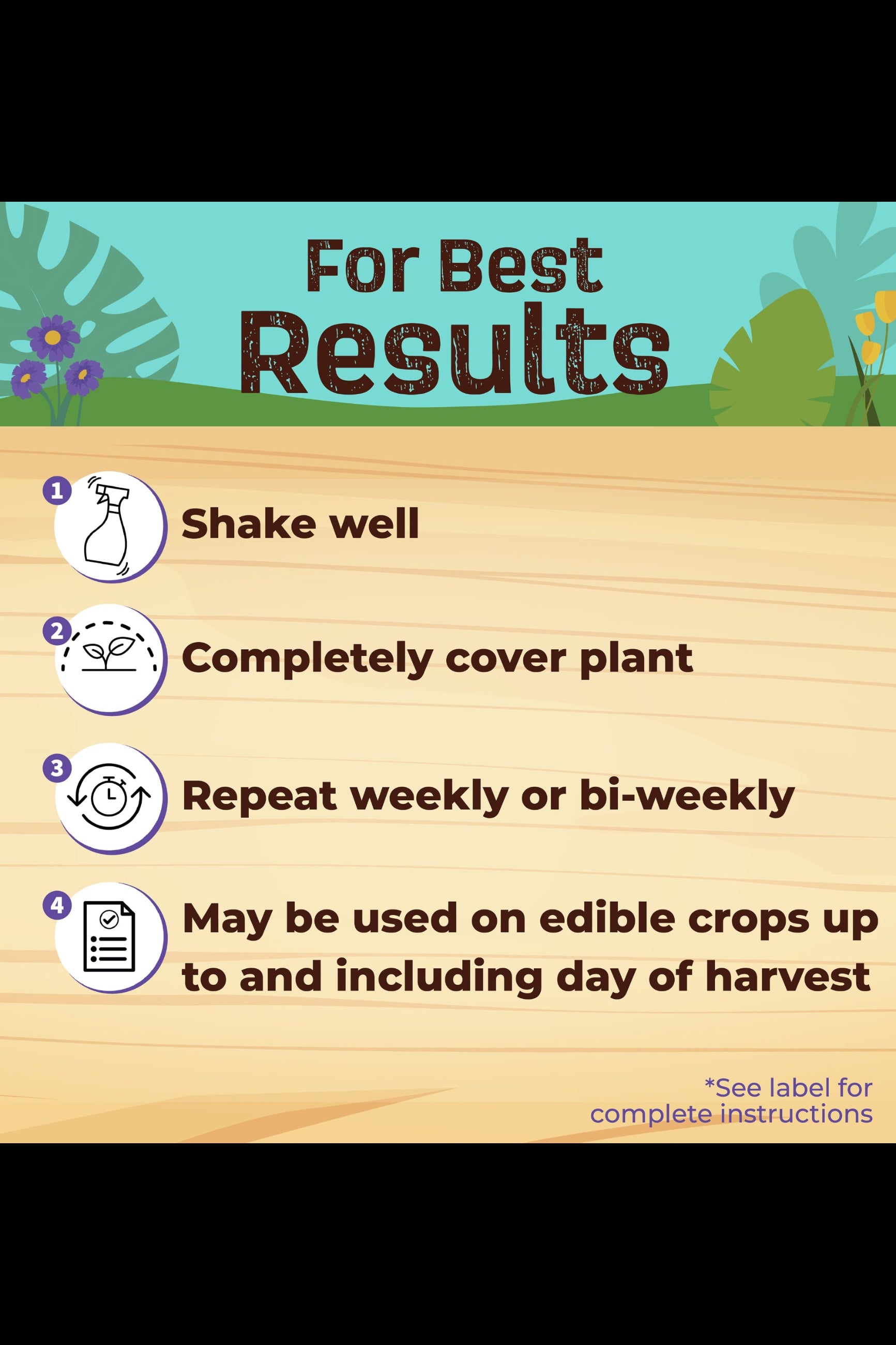 Instructions for using a product on plants with a wooden background and nature-themed elements. ©Bonide