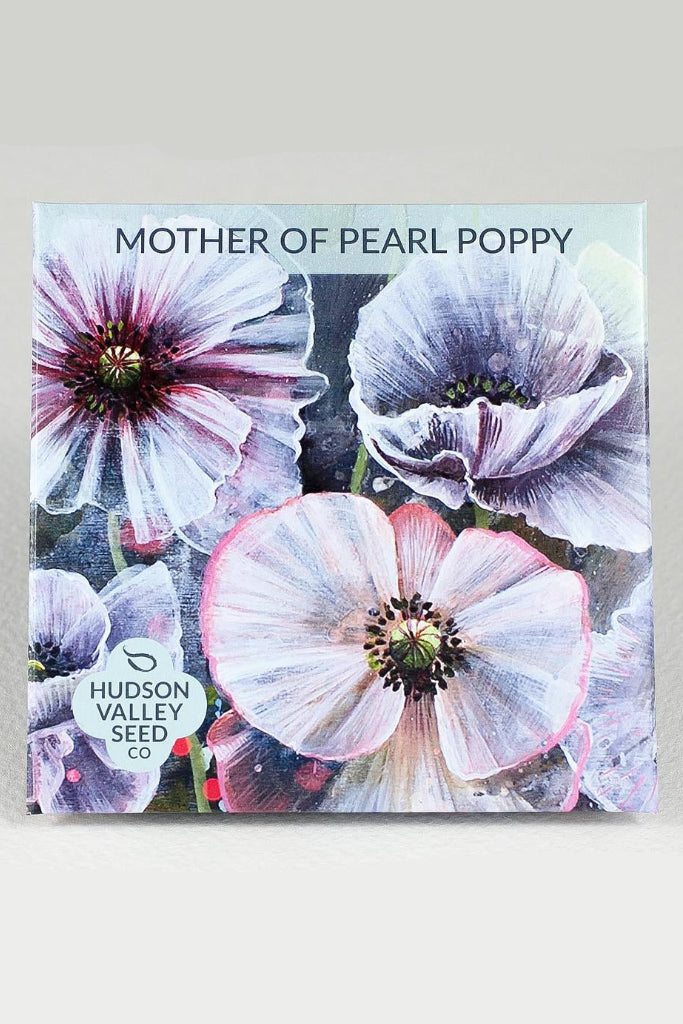 Seeds packet with Mother of Pearl Poppy design and Hudson Valley Seed Co. branding. ©Hudson Valley Seed Co.