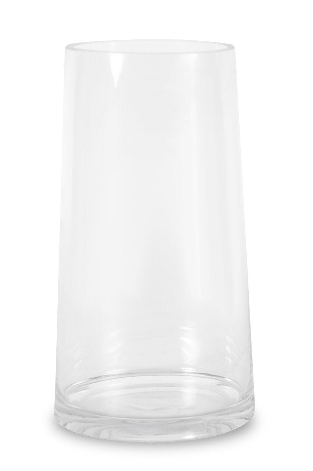 The tapered round reverse 10 x 5 clear glass vase empty and on a white.
