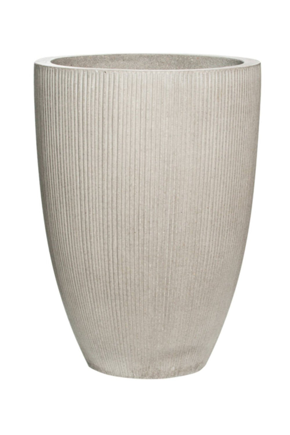 Pottery Pots Ben Pot with Vertical ridges in light grey against a white backdrop.