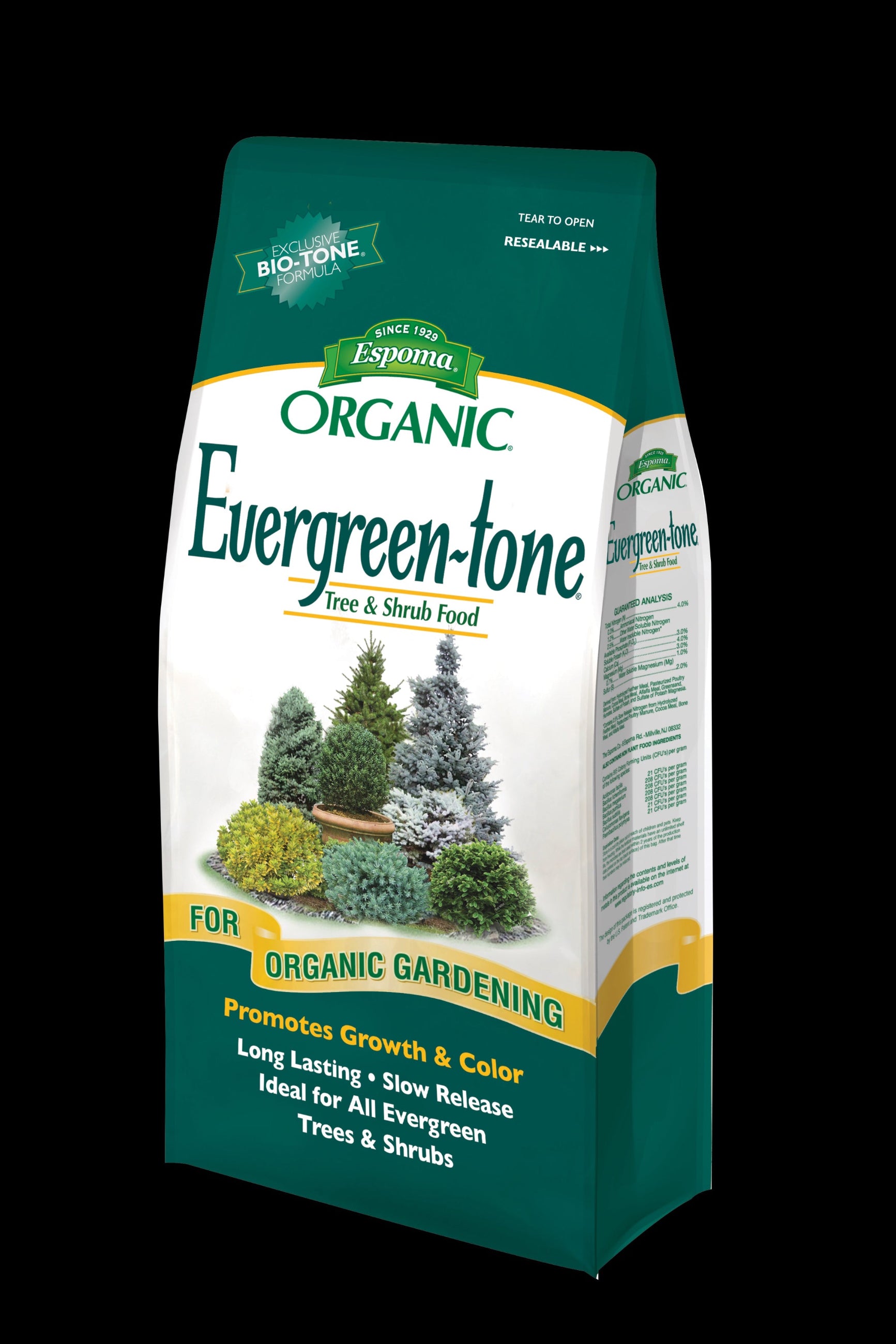 Bag of Espoma Organic Evergreen-tone tree and shrub food on a black background ©Epsoma