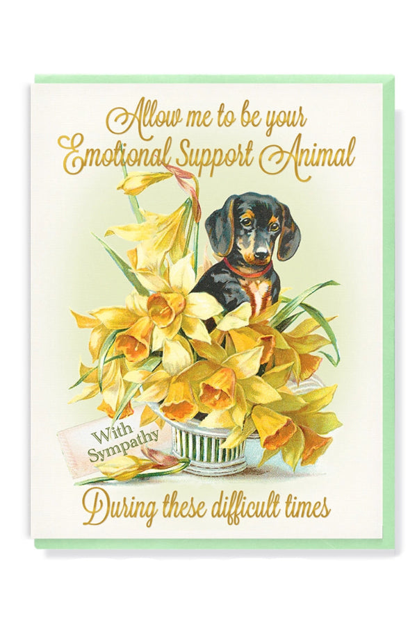 Greeting card with a dachshund and yellow flowers, featuring text about emotional support. ©Smitten Kitten