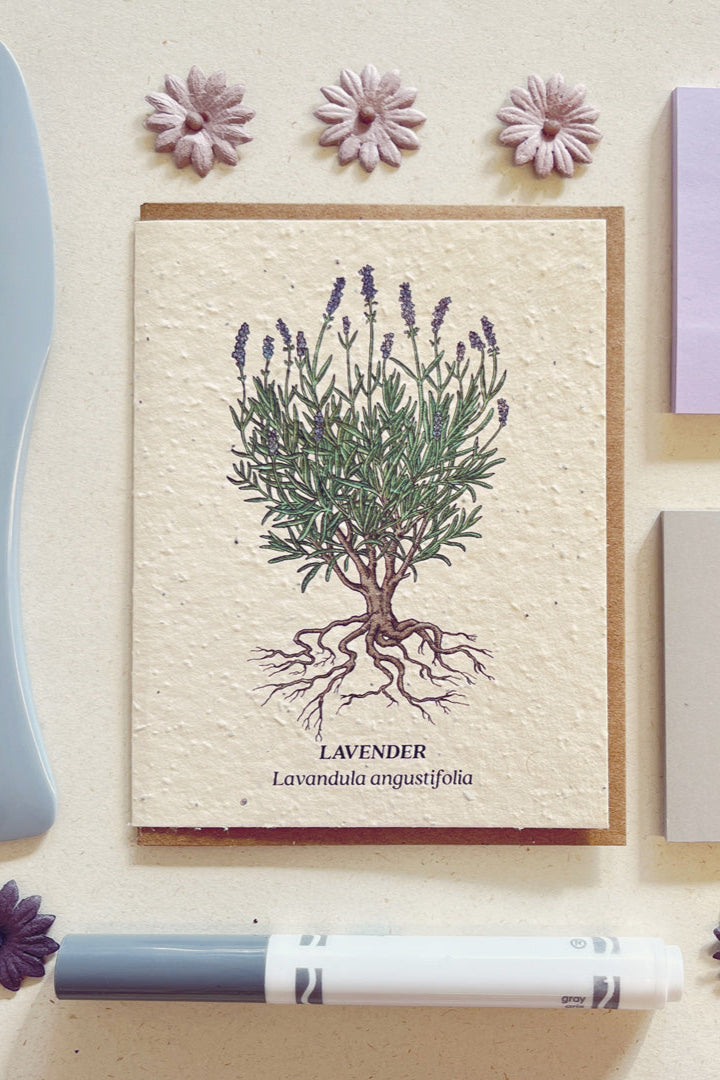 Lavender seeded card showing the front of the card laying flat surrounded by desk items.