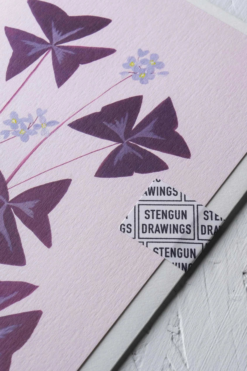 The Oxalix greeting card by Stengun Drawing showing a detail of the purple leaves and flowers in the upper right corner.