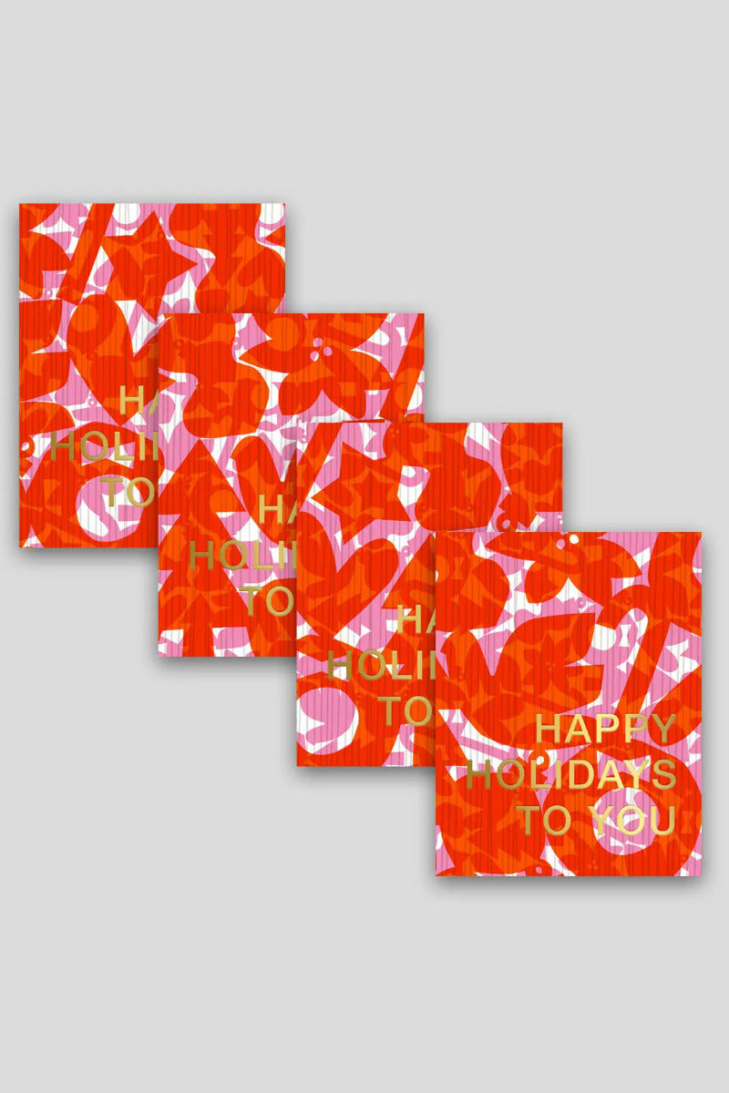 Four overlapping Holiday Icon Layers Cards with a festive abstract pattern in orange, pink, and white, featuring the text 'HAPPY HOLIDAYS TO YOU' in gold lettering, displayed on a light gray background. ©Hammerpress