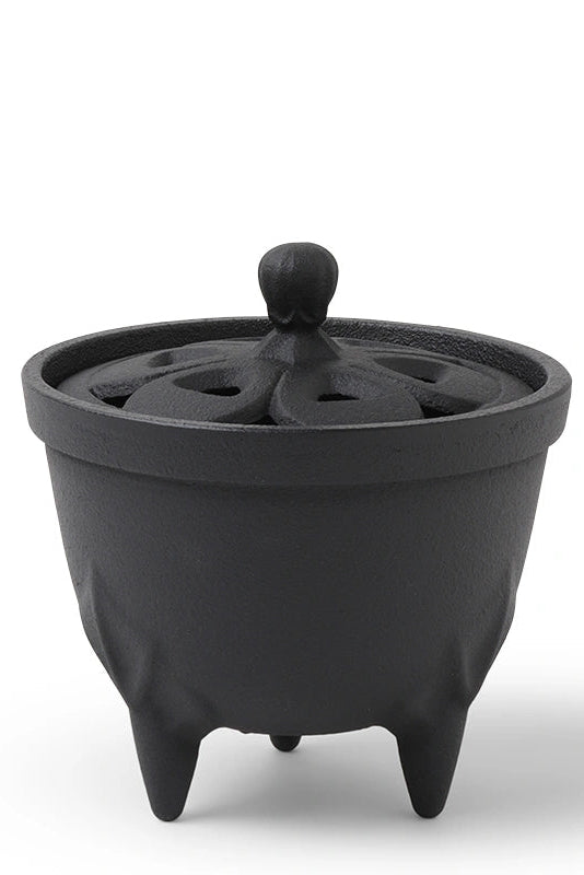 Black ceramic incense burner with lid on a white background ©Miya Company