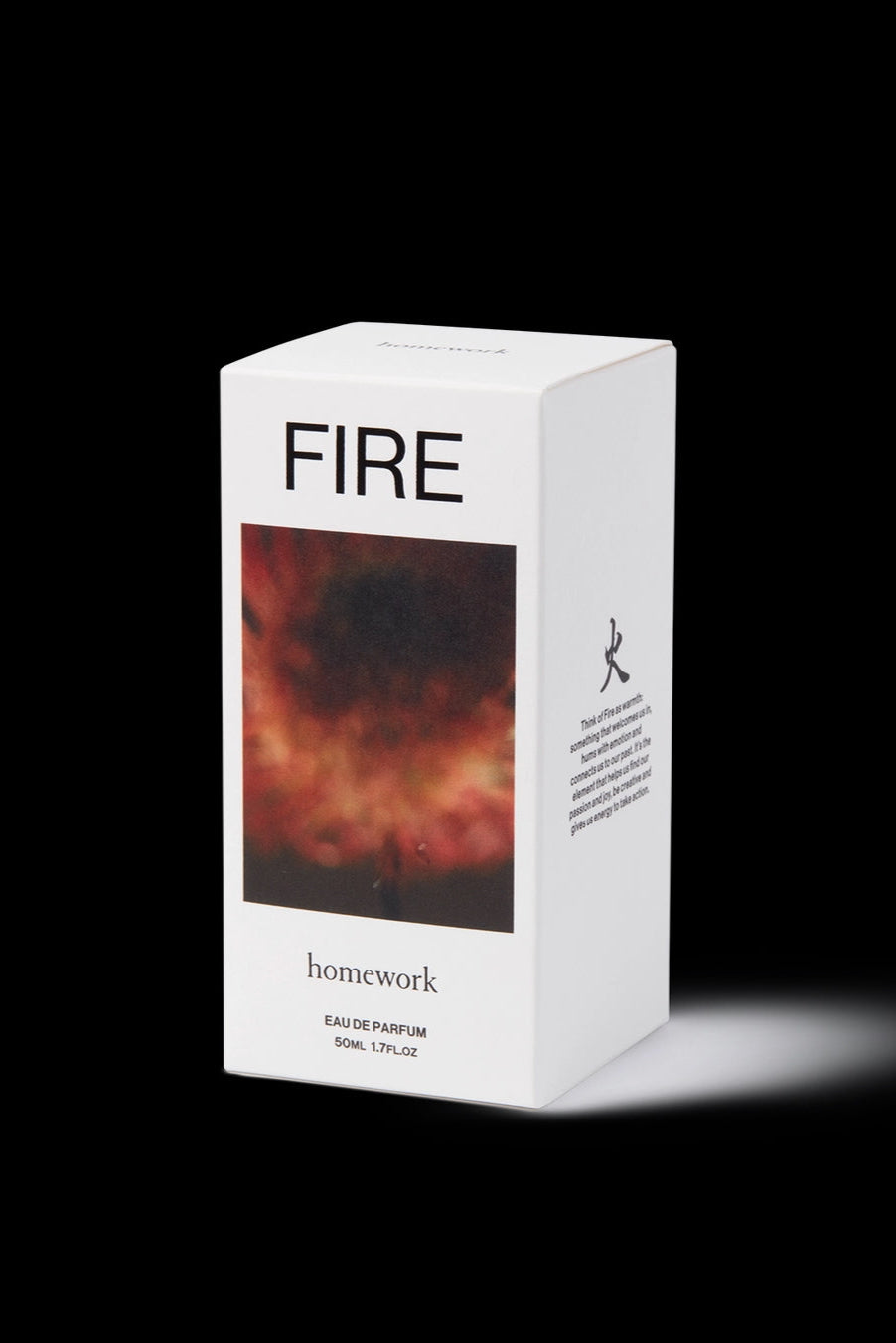 Fire Eau de Parfum White box of 'FIRE' perfume by 'homework' on a black background ©Homework