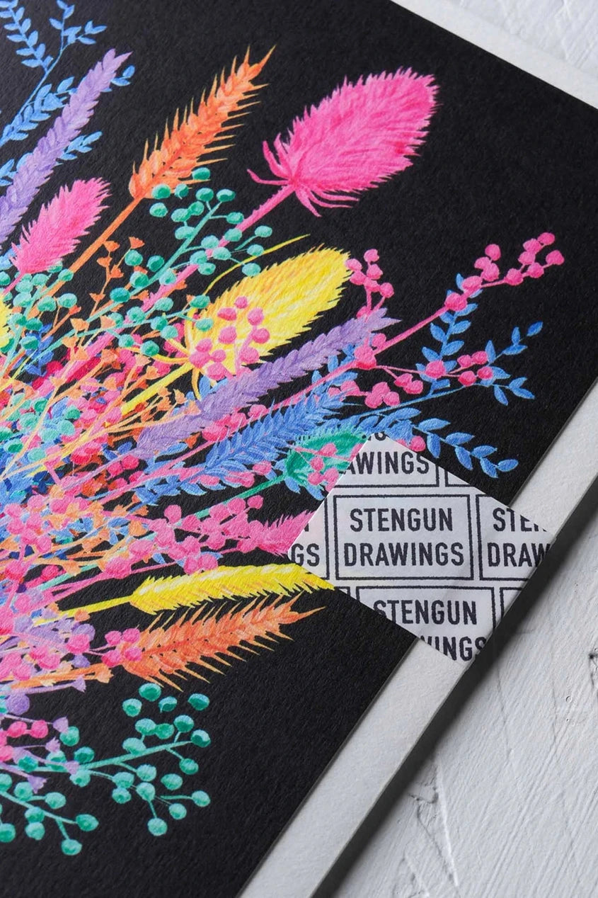 Dried Posy card by Stengun Drawings detail of the upper corner showing the vivid colors