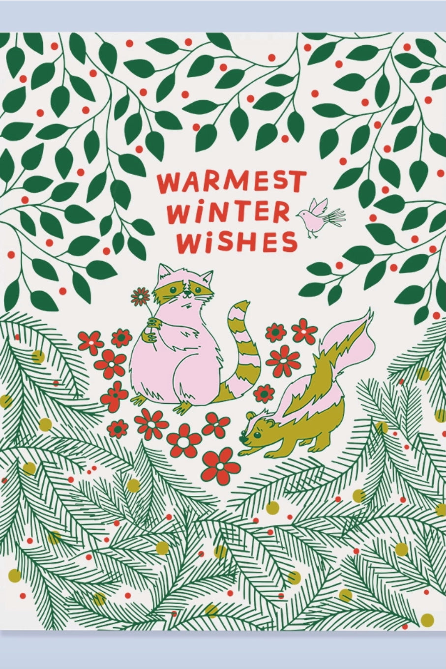 Greeting card with winter-themed design featuring animals and 'Warmest Winter Wishes' text. @The Good Twin