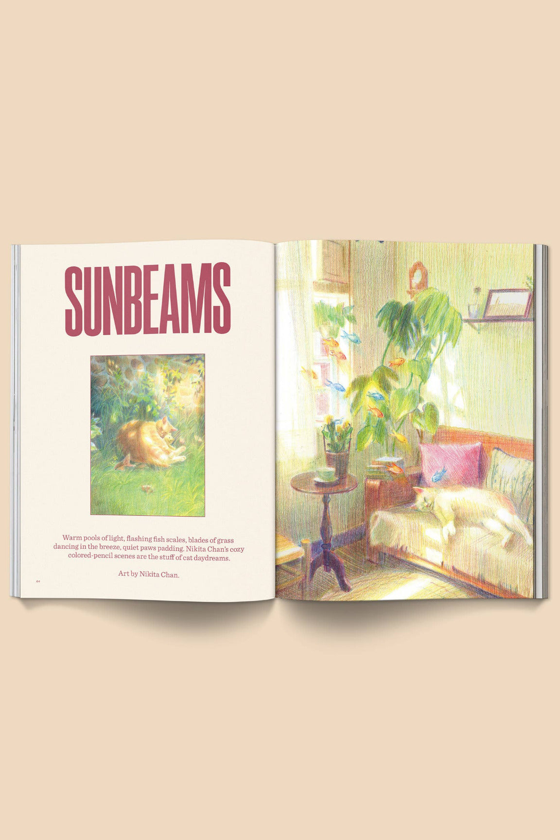 Open Catnip Magazine Volume 2 titled 'Sunbeams' with illustrations of a cozy living room and a cat. ©Broccoli