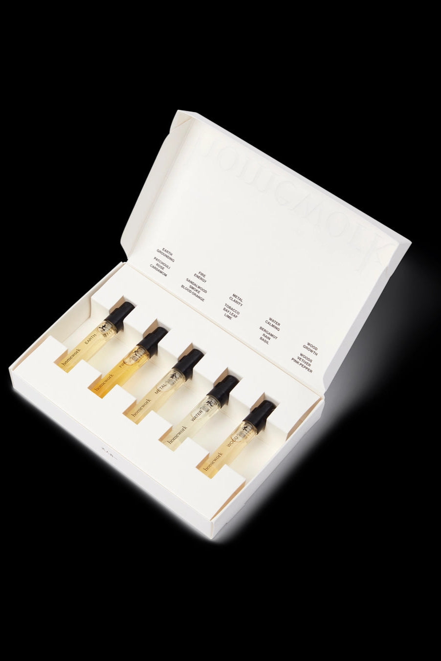 Five Elements Fragrance Discovery Set Set of small bottles with droppers in a white box on a black background ©Homework