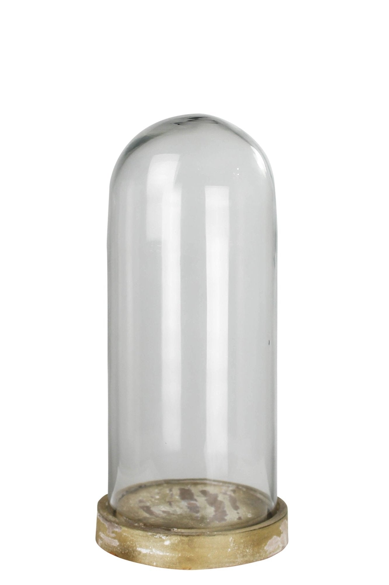 Small Castello Cloche on wood base by Homart. Empty and shown from the side against a white backdrop.