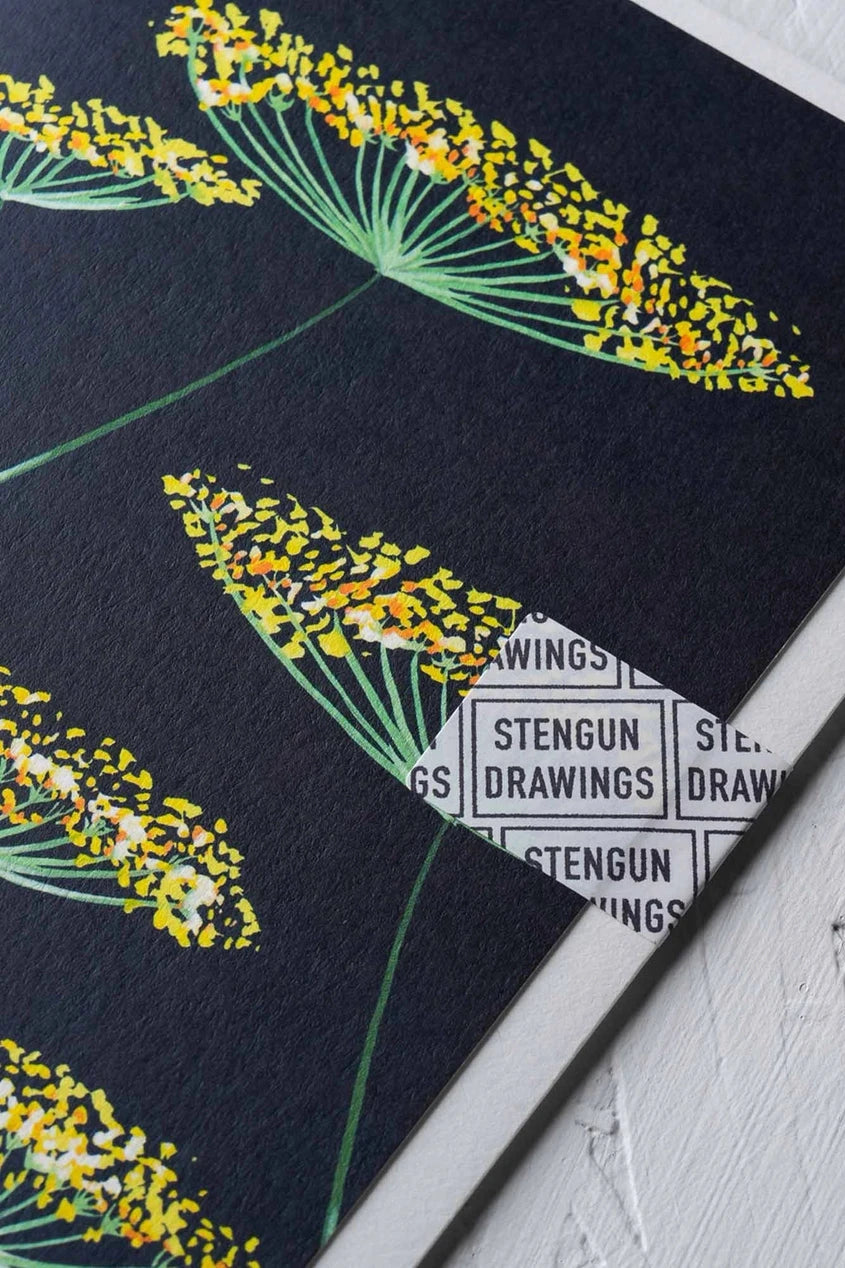 Fennel on Navy card by Stengun Drawings showing the upper right corner and detail of the yellow fennel flower.