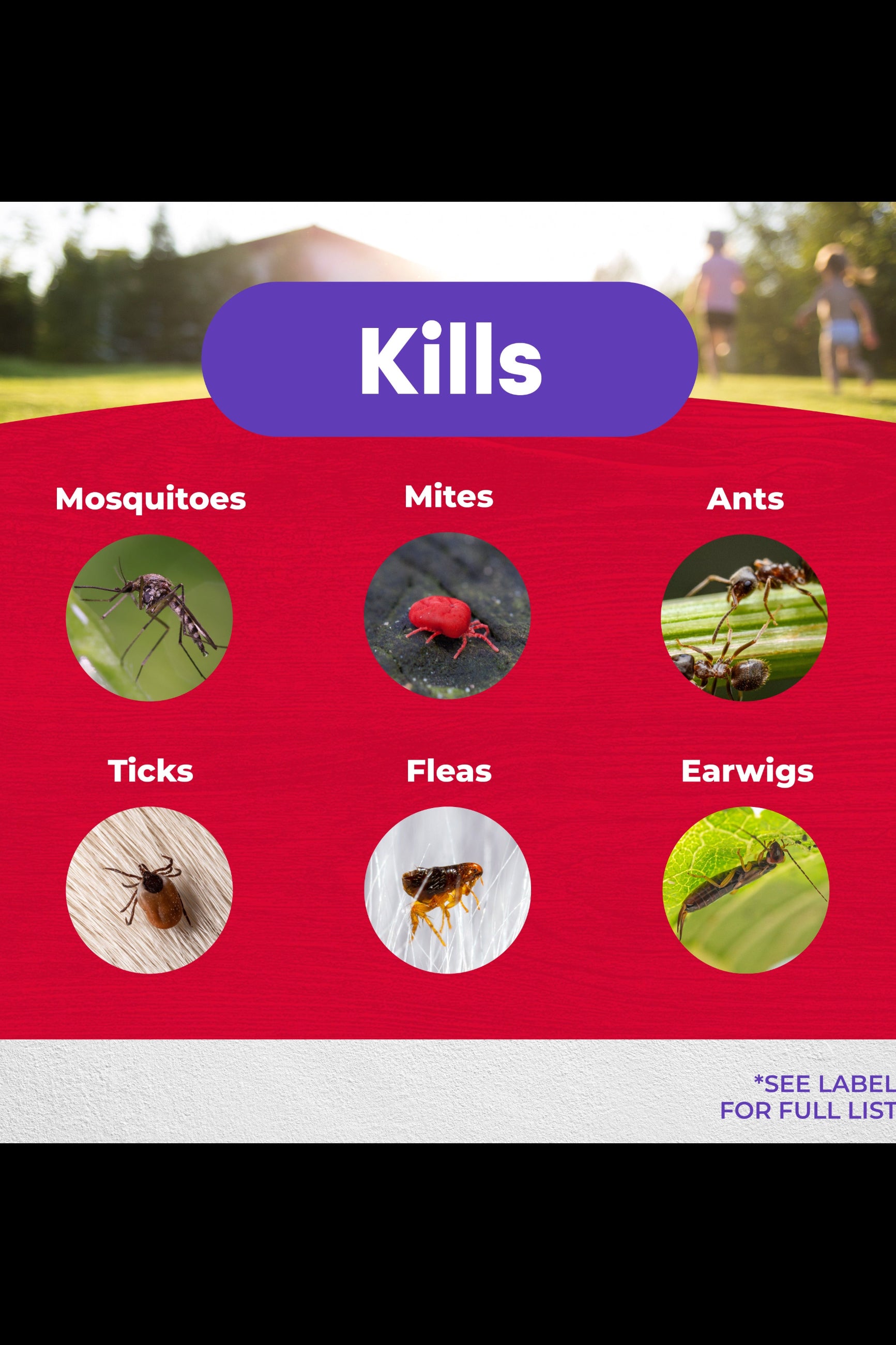 Product label showing insects killed by a pest control product with images and text. ©Bonide