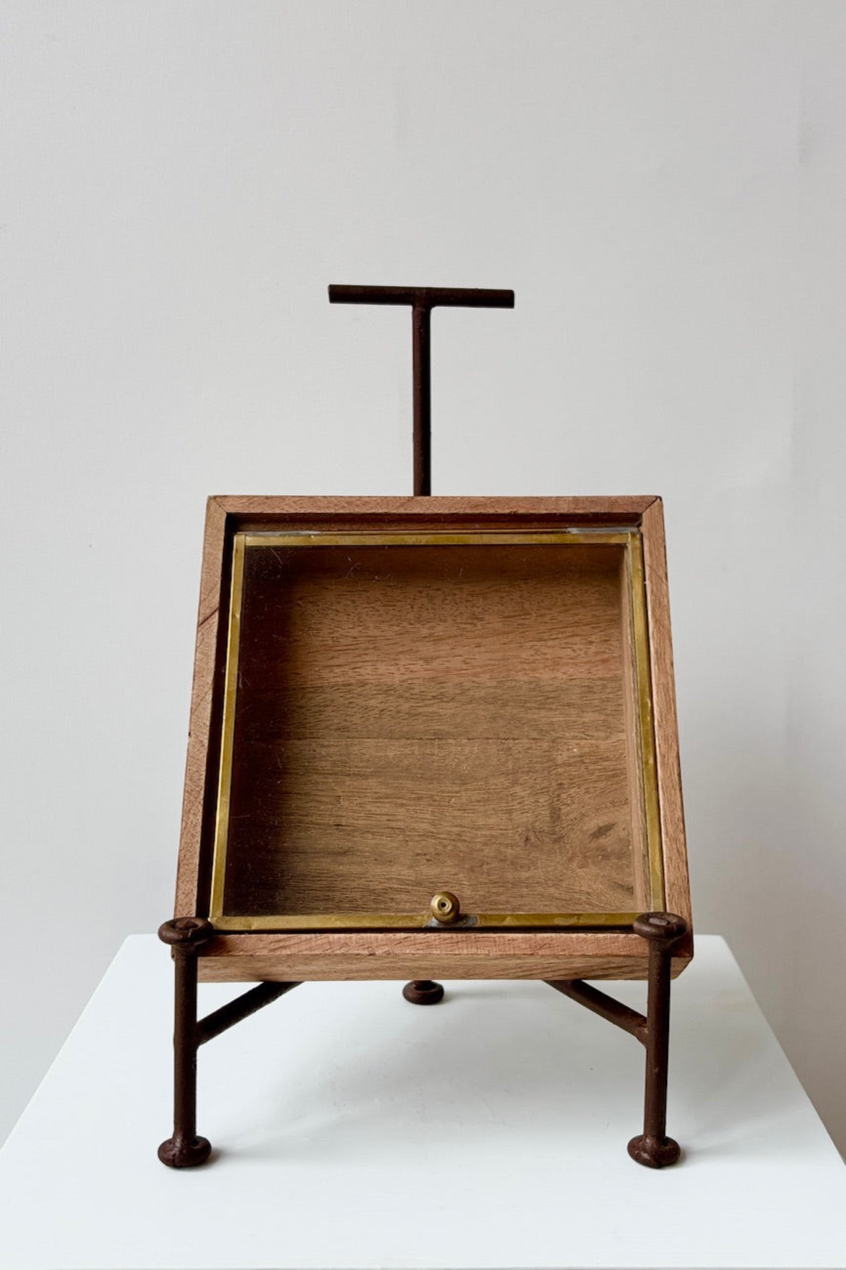 Sibella wood box medium with glass lid displayed on a bookstand against a white wall ©Sprout Home