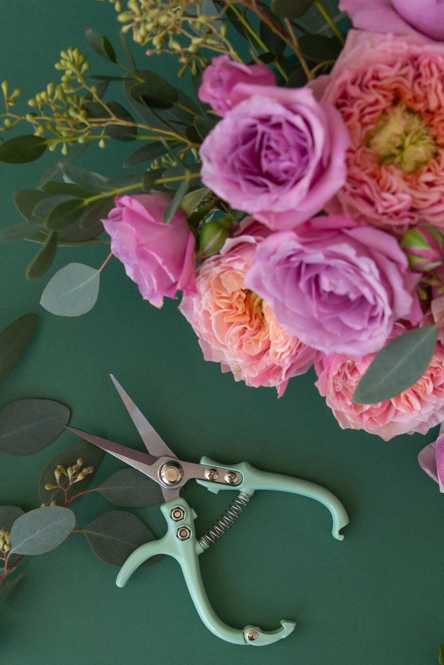 Bouquet of pink and purple roses with greenery and a pair of scissors on a green background ©Jungle Club