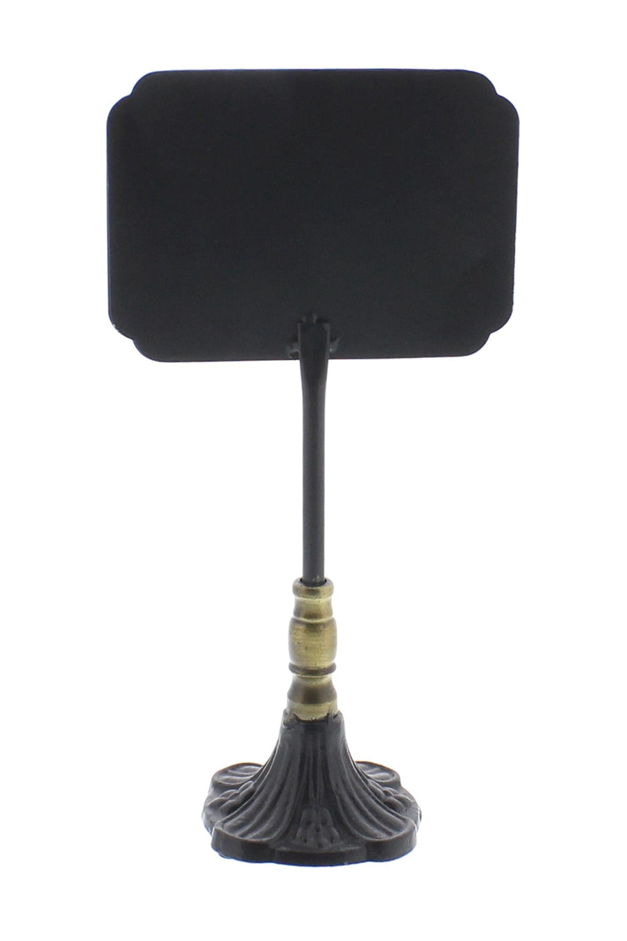 Black metal Carrel stand shown from the back with a decorative base on a white background @Homart