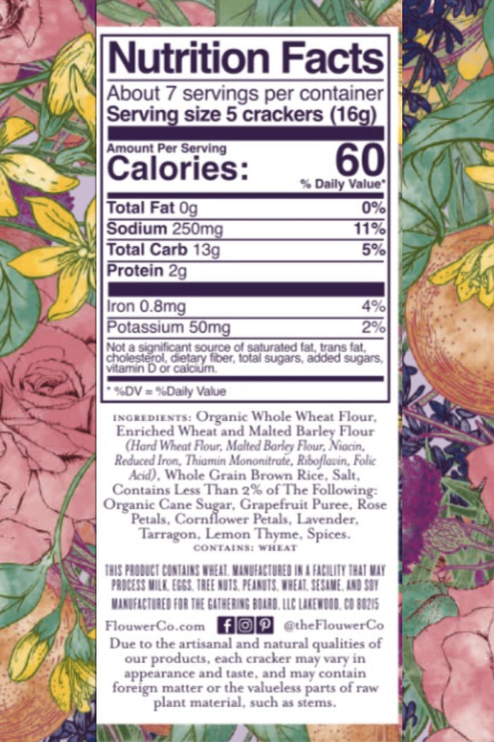 Nutrition facts label for New Aperitif crackers on a colorful floral background ©Flouwer Co.