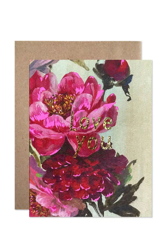 Greeting card with pink flowers and 'love you' text on a beige background Love You Peonies By Helen Dealtry Card ©Hartland Cards