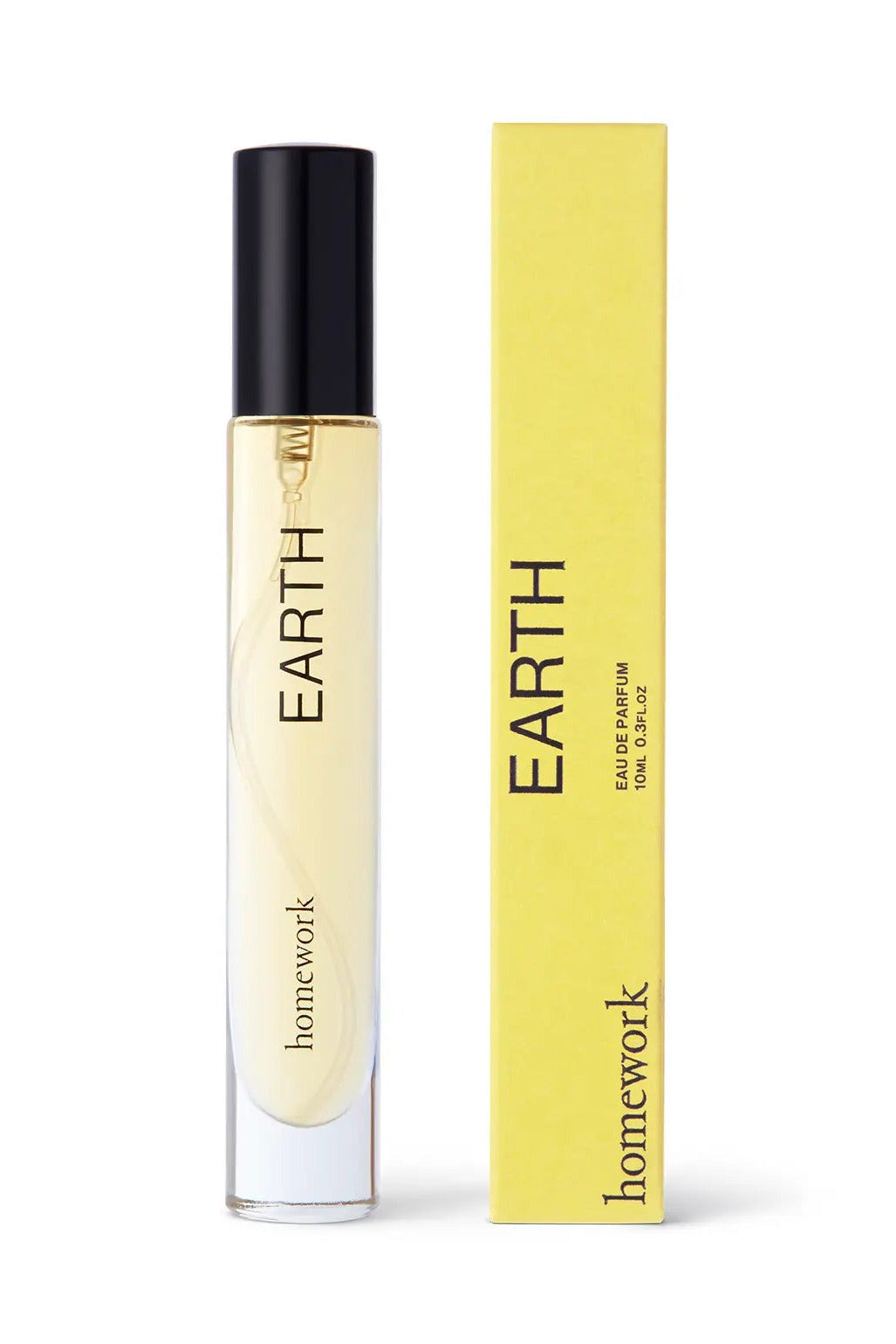 Perfume bottle labeled 'Earth' by 'homework' with a matching box on a white background ©Homework