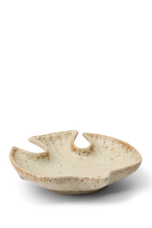 Ceramic dish with two curved sections on a white background ©Miya Company
