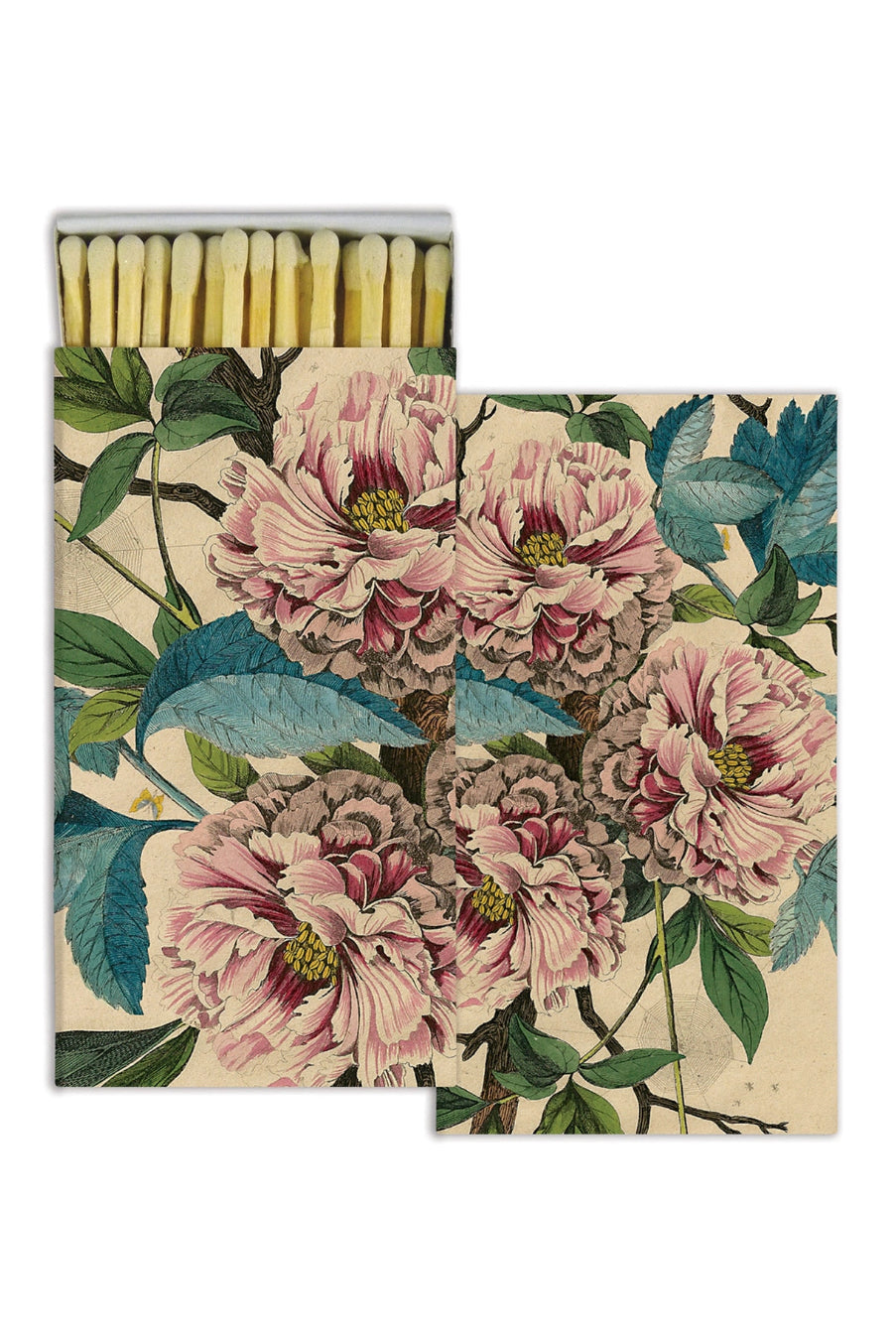 Floral peony matchbox with pink flowers and green leaves on a beige background ©Homart