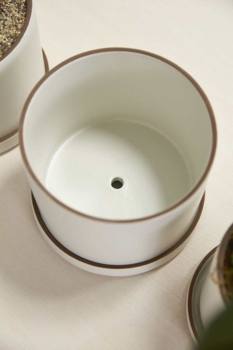 White ceramic Author pot with brown rim on a light surface ©Accent Decor