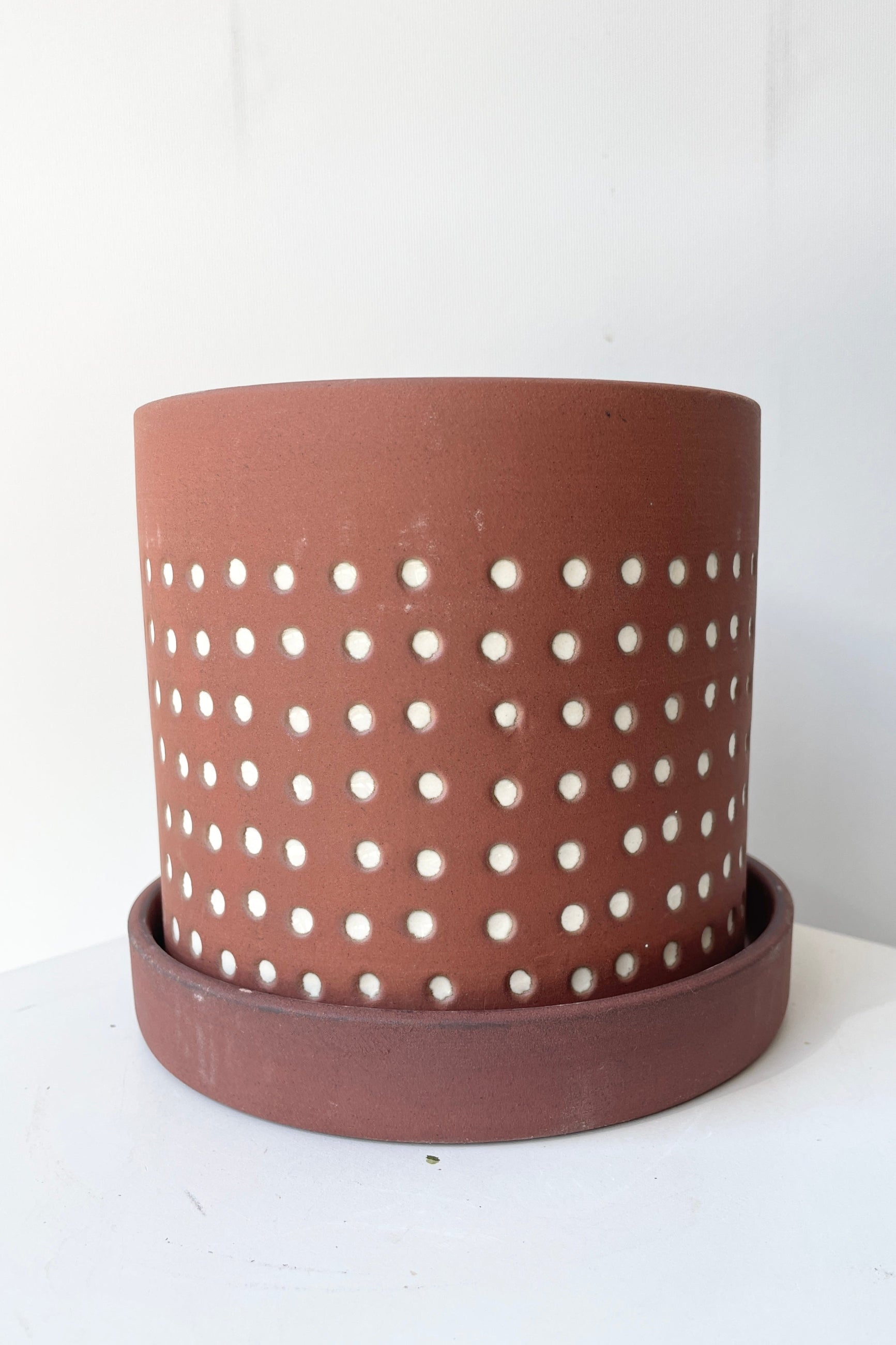 The small Salamanca pot and saucer shown at eye level to show the brown with white dots design.
