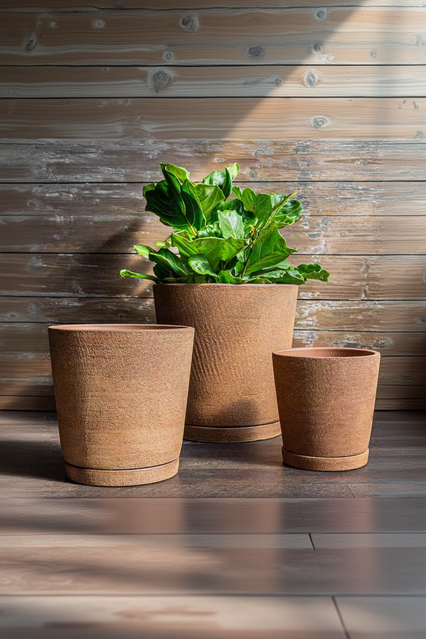 A trio of size of tapered terracotta planters in front of a wooden wall ©Campania International