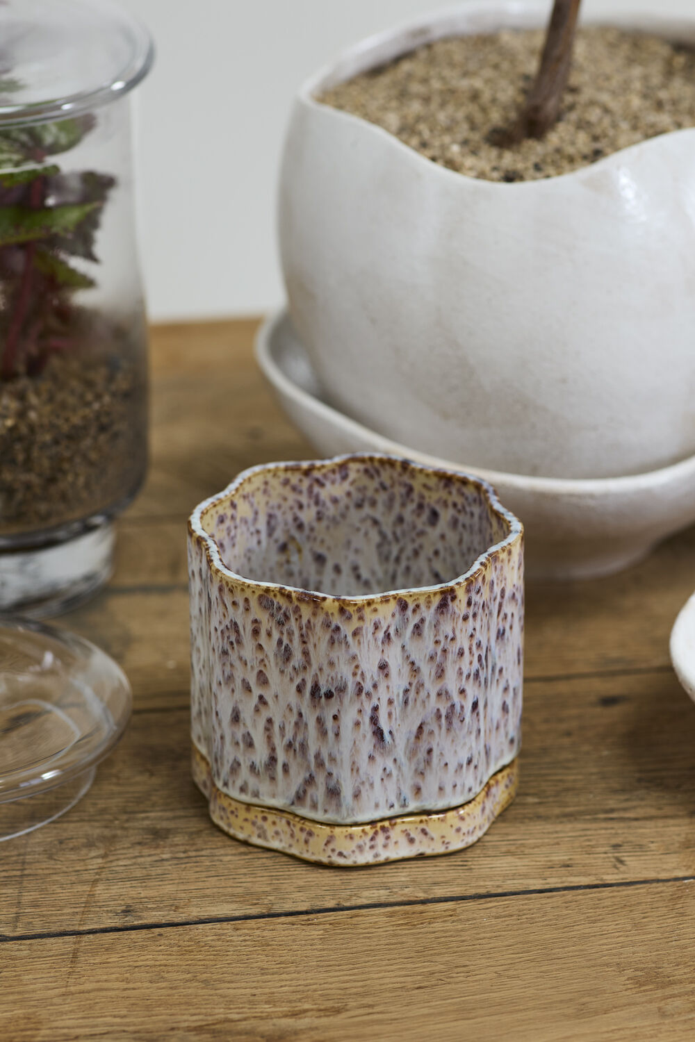 Small ceramic Avenell pot with textured surface on a wooden surface ©Accent Decor