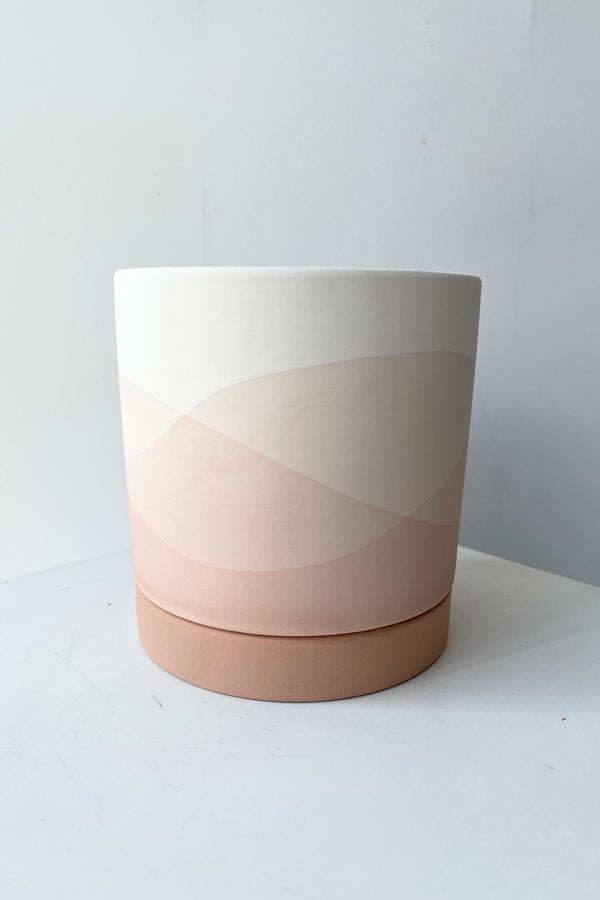 Smal Vesper Pot and saucer shown from eye level its wavy pink and beige design.