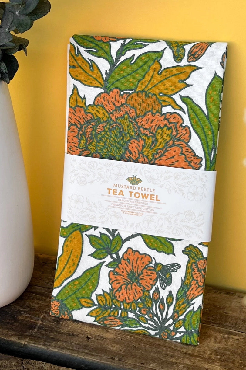 Peonies Organic Cotton Tea Towel in its packaging ©Mustard Beetle