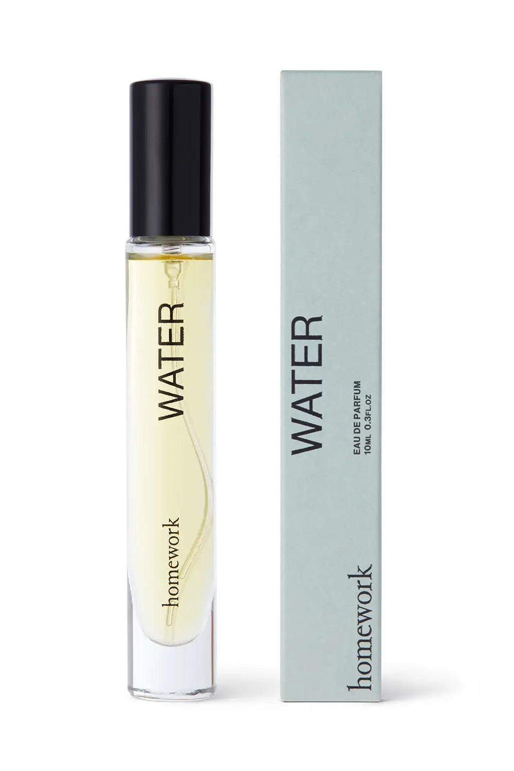 Perfume bottle labeled 'Water' by 'homework' with its packaging on a white background ©Homework