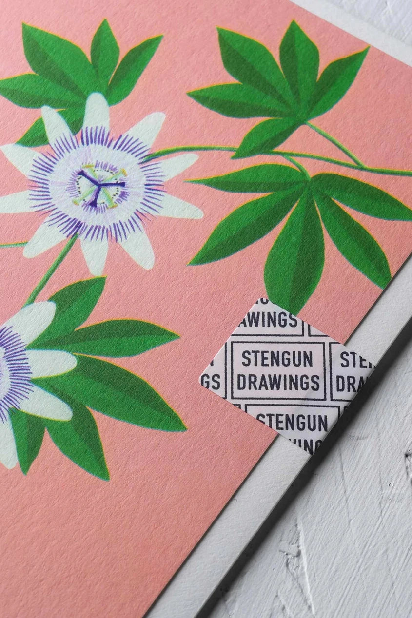 Passion Flower Greeting card by Stengun Drawings showing the detail of the flower and leaves in the upper right corner.