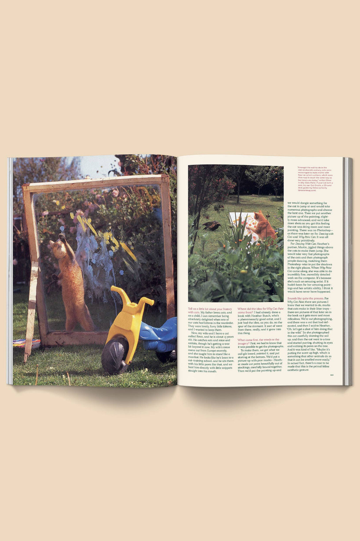 Open Catnip Magazine Volume 2 showing a photograph of a child playing with a toy in a garden. ©Broccoli