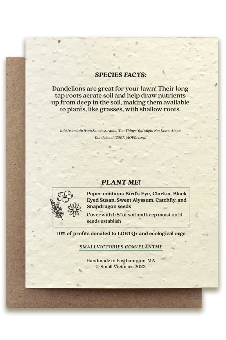 Dandelion plantable card showing the back of the card listing the seeds.