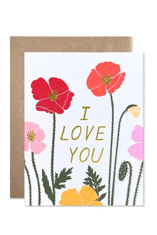 Greeting card with red and pink flowers and 'I LOVE YOU' text on a white background ©Hartland Cards
