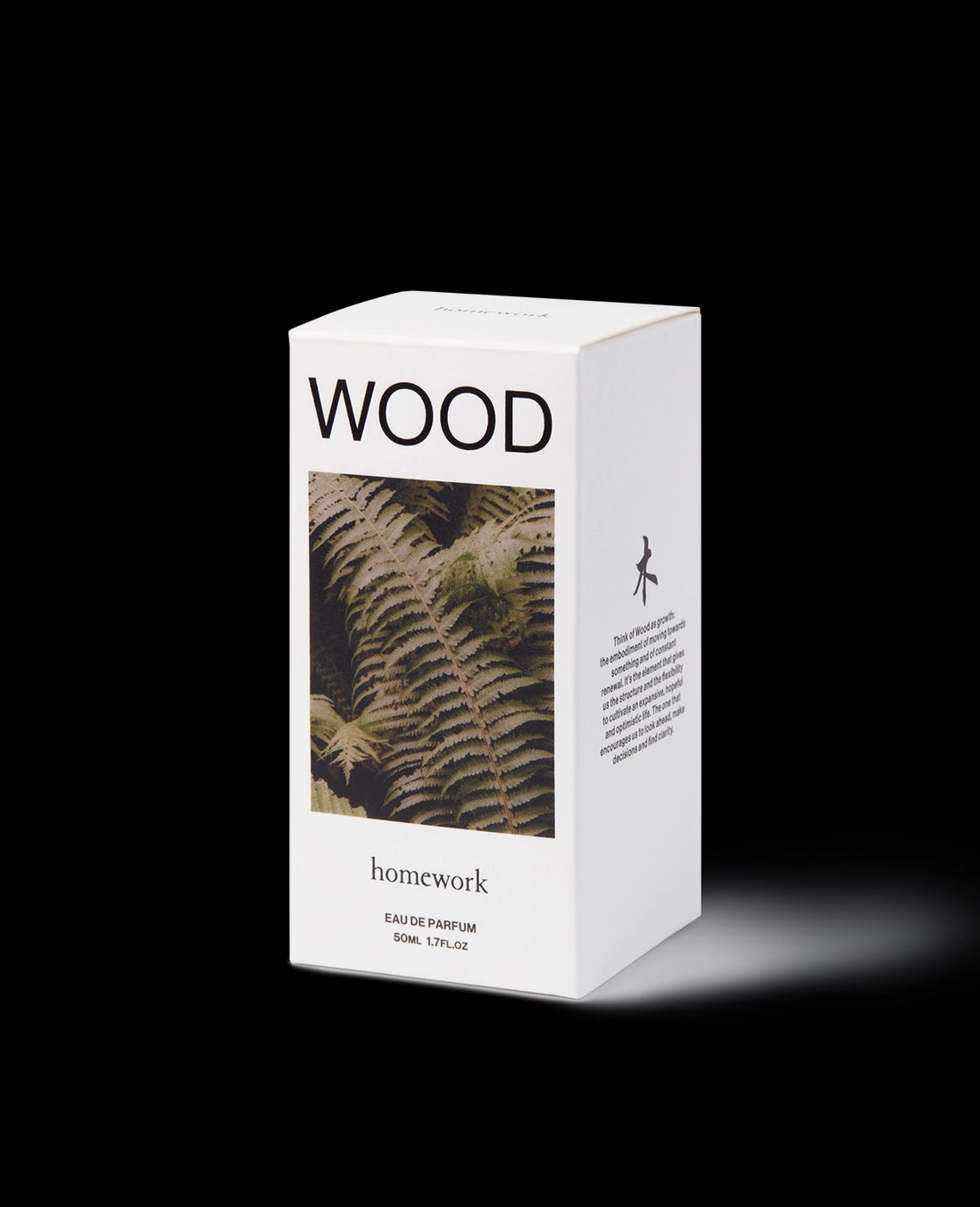 Wood Eau de Parfum White packaging box with 'WOOD' and 'homework' text on a black background ©Homework