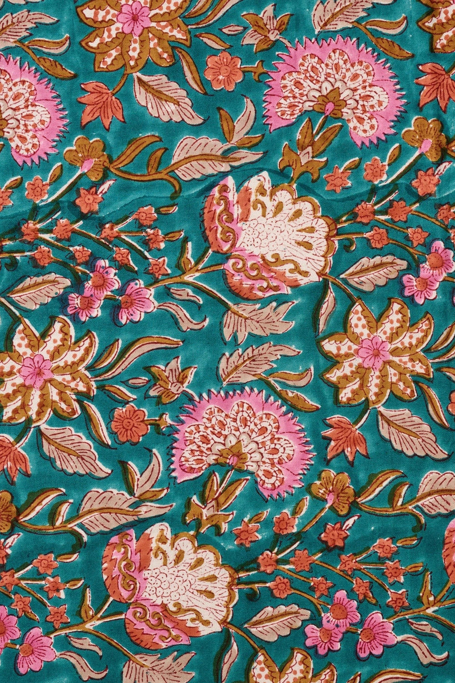 Floral pattern Stabaka Block Print Tablecloth 90 x 60 with pink and orange flowers on a teal background ©Ten Thousand Villages