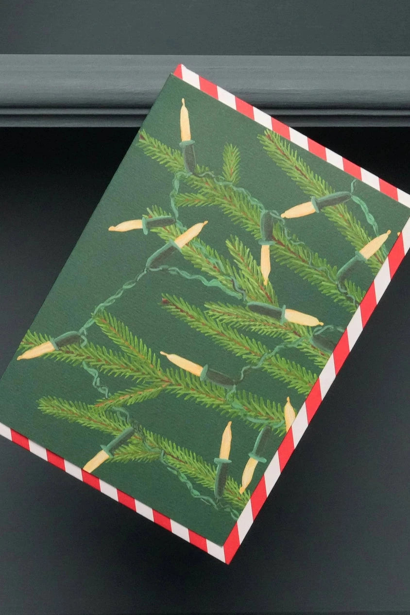 Holiday Lights card by Stengun Drawings showing the front of the card with lights on xmas tree branches ©Stengun Drawing