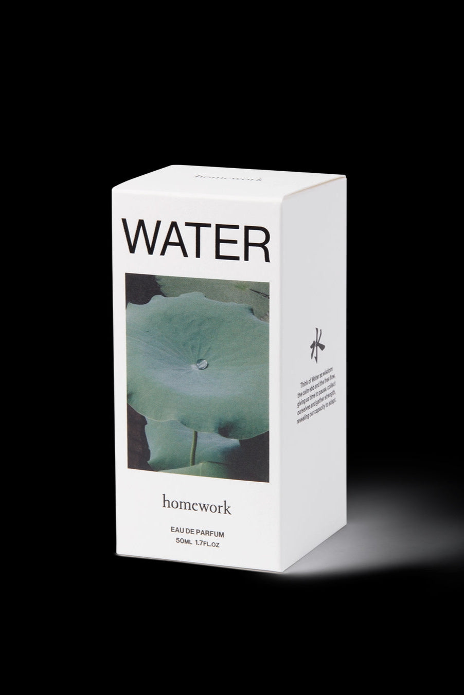 Water Eau de Parfum White box of 'homework' perfume with a water droplet on a leaf design. ©Homework