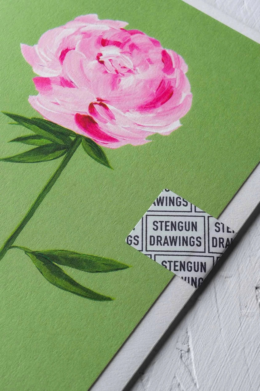 Detail image of the upper right corner with one peony of the Peony greeting card by Stengun Drawings